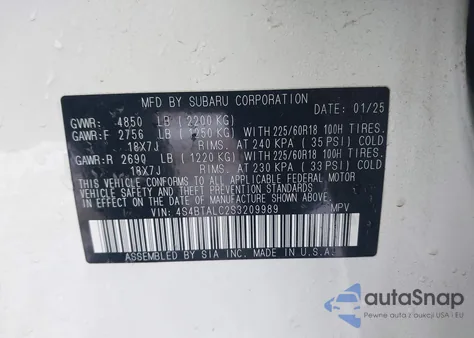 2025 Subaru Outback Onyx Edition z USA, uszkodzony, nr VIN 4S4BTALC2S3209989